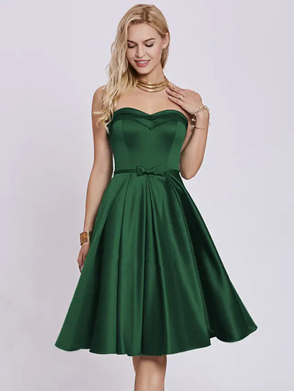 A-Line Minimalist Elegant Engagement Cocktail Party Dress Strapless Sleeveless Knee Length Satin with Bow(s) Pleats