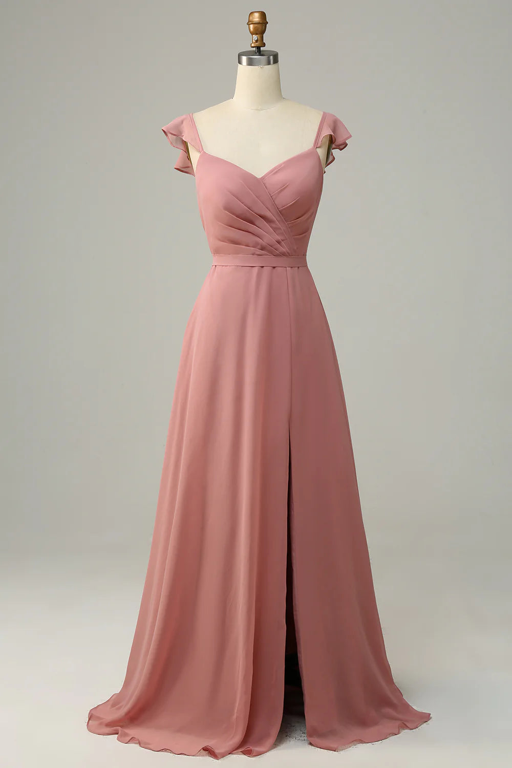 A Line V Neck Ruffles Long Bridesmaid Dress With Slit