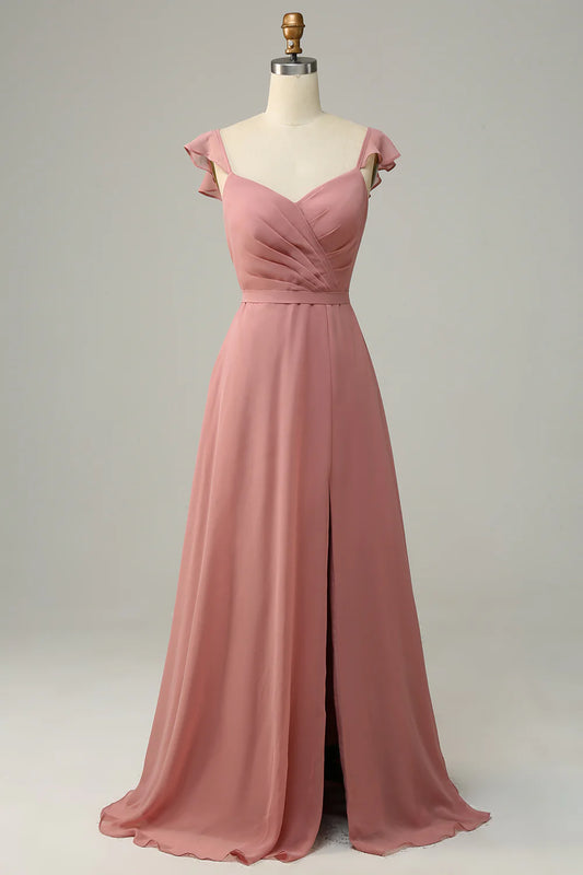 A Line V Neck Ruffles Long Bridesmaid Dress With Slit