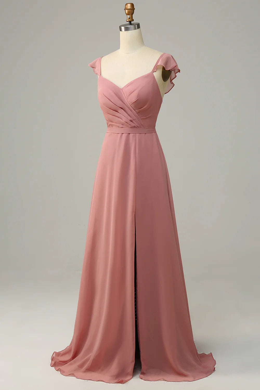 A Line V Neck Ruffles Long Bridesmaid Dress With Slit