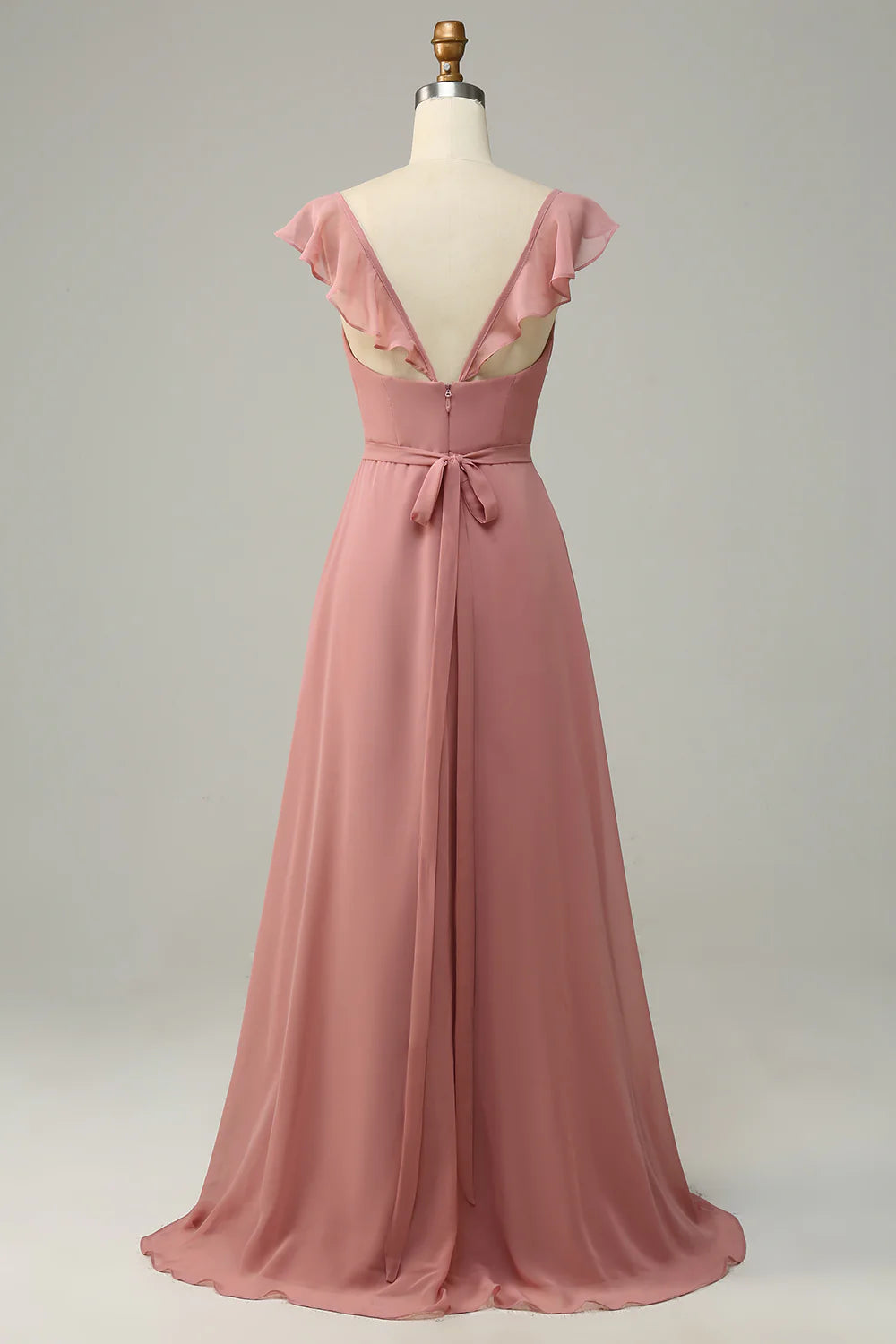 A Line V Neck Ruffles Long Bridesmaid Dress With Slit