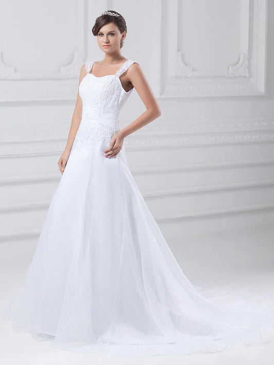 A-Line Wedding Dresses Square Neck Chapel Train Lace Organza Satin Regular Straps with Beading Appliques