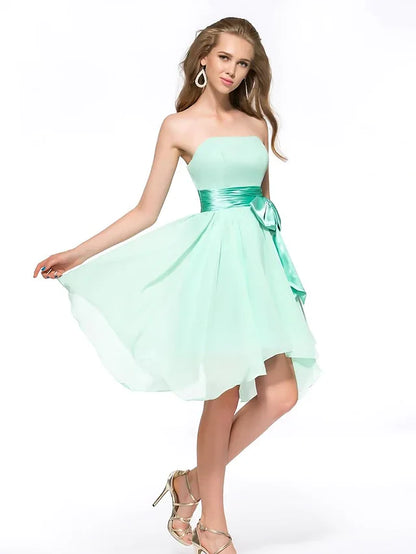 A-Line Minimalist Elegant Engagement Cocktail Party Dress Strapless Sleeveless Asymmetrical Knee Length Chiffon with Sash Ribbon Bow