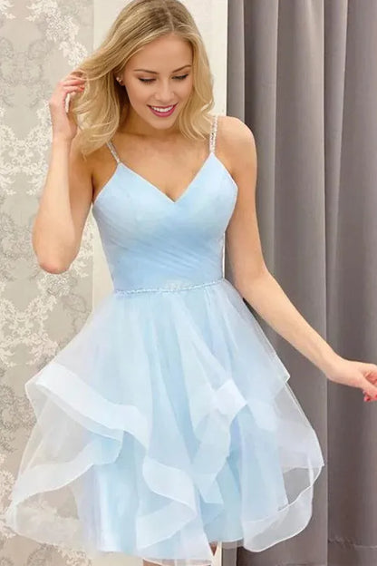 A-Line/Princess V-neck Tulle Sleeveless Short/Mini Homecoming Dresses