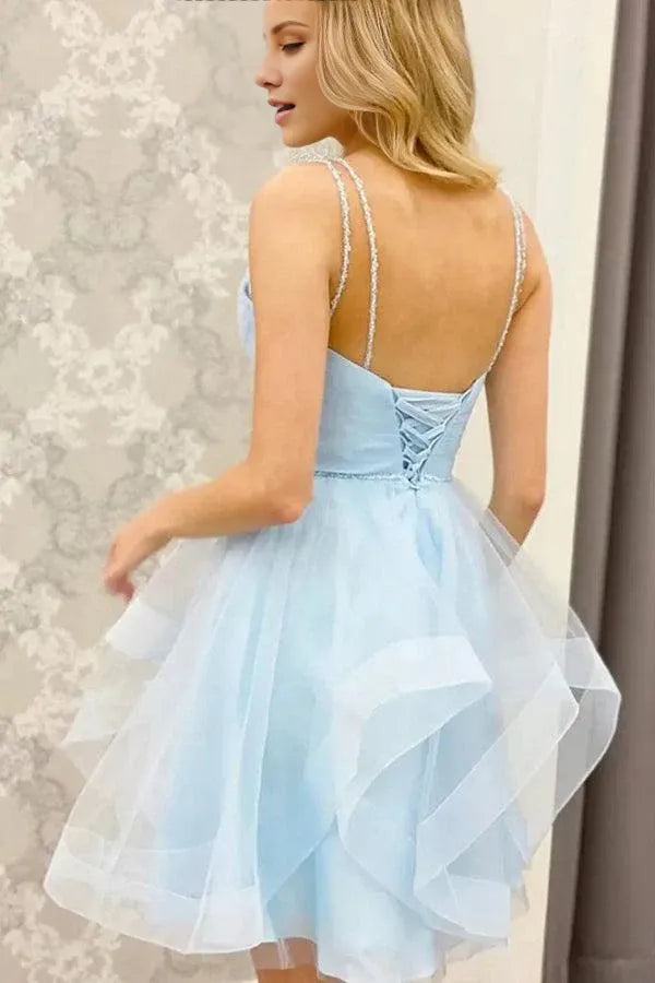 A-Line/Princess V-neck Tulle Sleeveless Short/Mini Homecoming Dresses