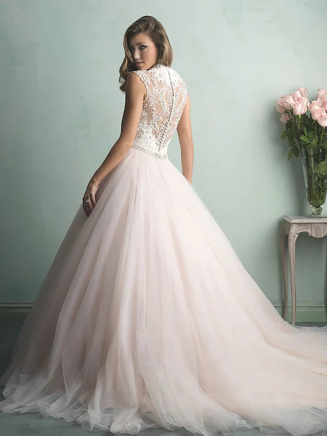 A-Line Wedding Dresses V Neck Tulle Regular Straps Romantic See-Through Illusion Detail Backless with Beading Lace Insert