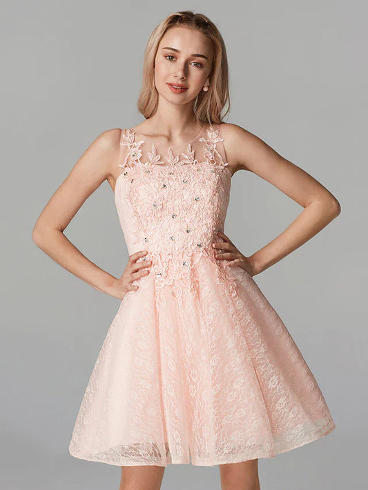 A-Line Sparkle Homecoming Cocktail Party Dress Pink Illusion Neck Sleeveless Short Tulle Floral Lace with Sequin Appliques