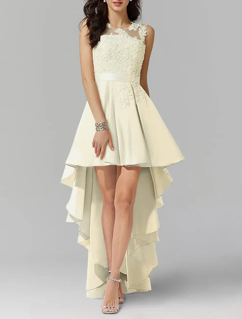 A-Line Homecoming Dresses High Low Dress Graduation Cocktail Party Asymmetrical Sleeveless Jewel Neck Chiffon with Appliques