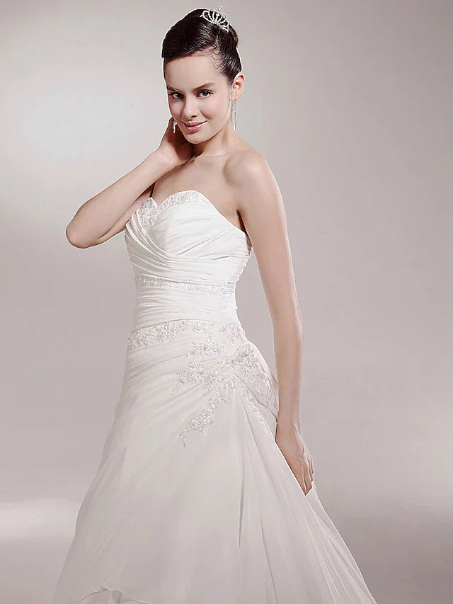 Princess A-Line Wedding Dresses Sweetheart Neckline Strapless Cathedral Train Chiffon Sleeveless