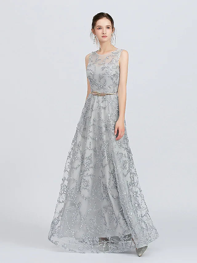 A-Line Jewel Neck Floor Length Lace Bridesmaid Dress with Sash Ribbon Appliques