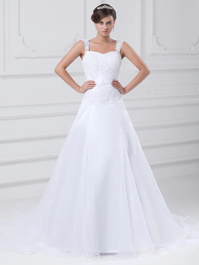 A-Line Wedding Dresses Square Neck Chapel Train Lace Organza Satin Regular Straps with Beading Appliques