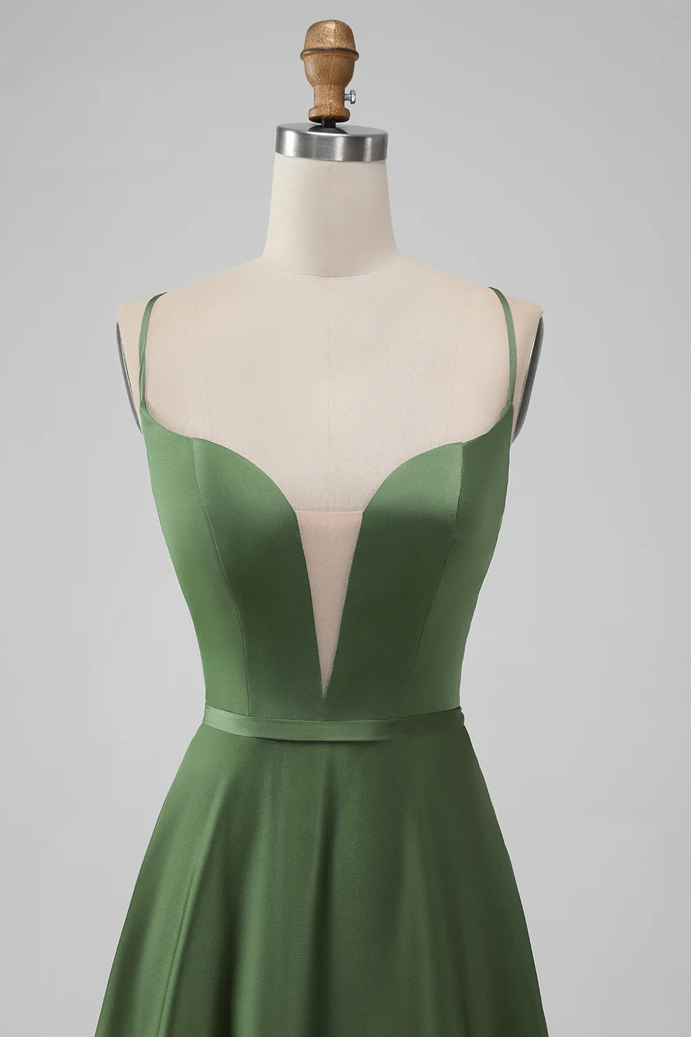 A-line Green Satin V Neck Long Bridesmaid Dress