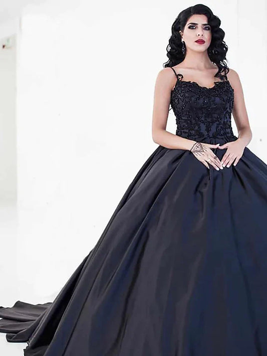 Ball Gown Wedding Dresses Sweetheart Neckline Court Train Lace Satin Spaghetti Strap Black with Draping Appliques