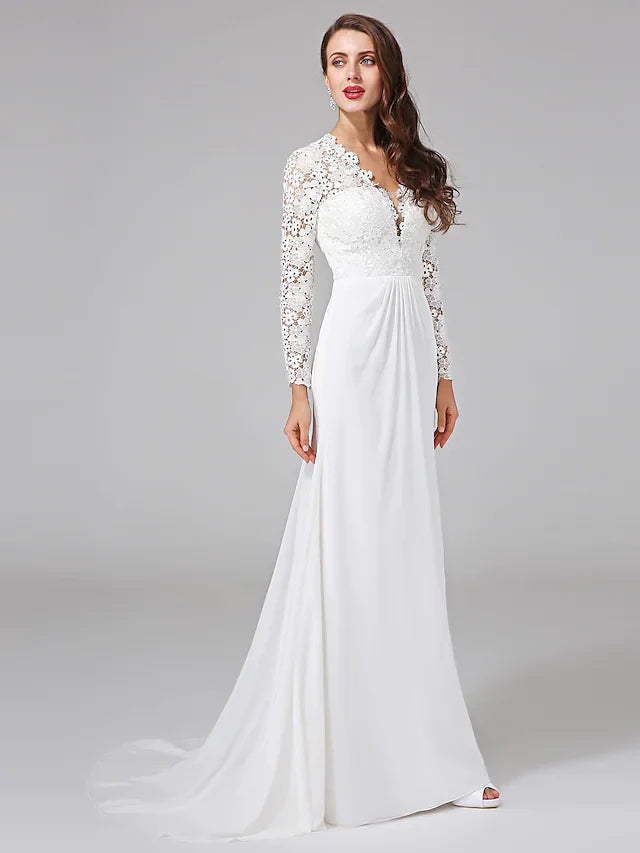 Wedding Dresses V NeckChiffon Floral Lace Long Sleeve Romantic Boho Illusion Sleeve with Back Lace Button