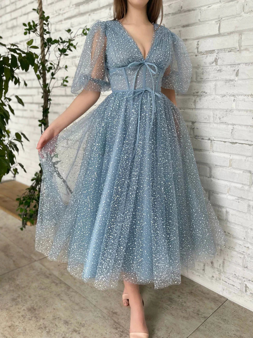 A Line V Neck Bridesmaid Dress with Sleeves Tea Length Prom Dress Charming Formal Dresses