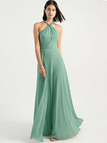 A-Line Halter Neck Floor Length Chiffon Bridesmaid Dress with Criss Cross