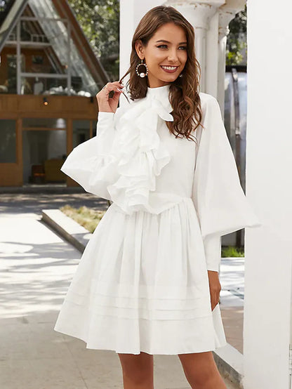 A-Line Elegant Vintage Party Wear Wedding Guest Valentine's Day Dress High Neck Long Sleeve Short Mini Cotton with Ruffles