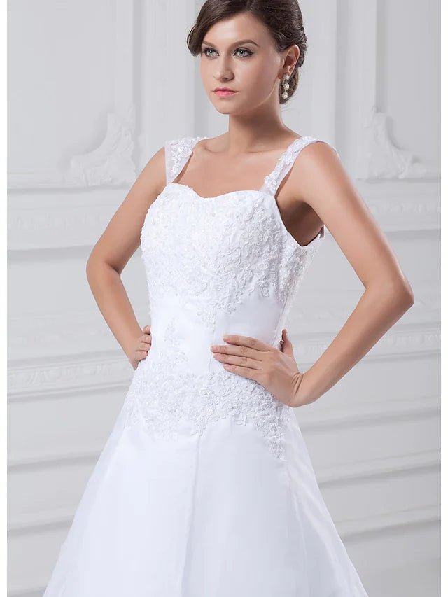 A-Line Wedding Dresses Square Neck Chapel Train Lace Organza Satin Regular Straps with Beading Appliques