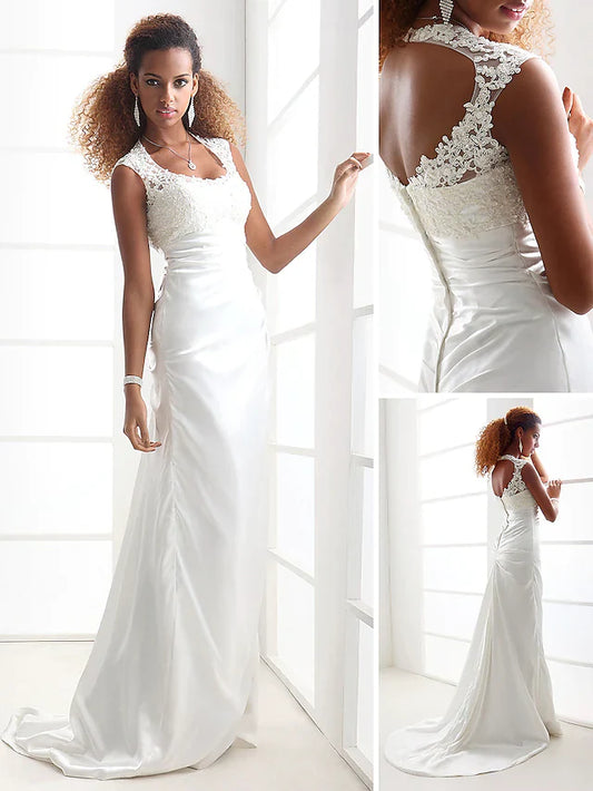 Wedding Dresses Scoop Neck Charmeuse Beaded Lace Cap Sleeve Simple Backless with Appliques