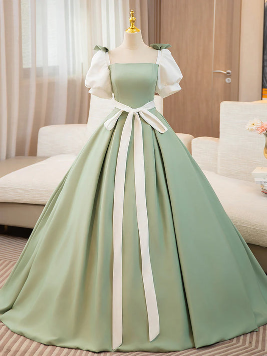 Ball Gown Quinceanera Dresses Princess Dress A-Line Puff Sleeves Satin Green Long Prom Dress, Green Sweet Dress