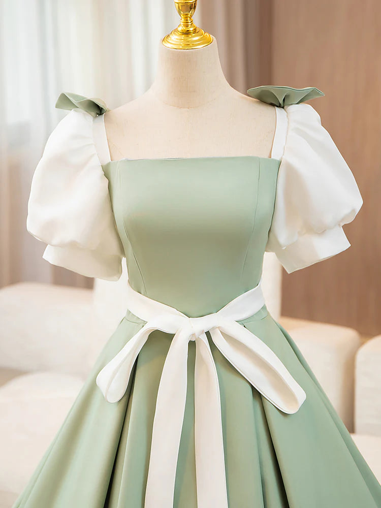 Ball Gown Quinceanera Dresses Princess Dress A-Line Puff Sleeves Satin Green Long Prom Dress, Green Sweet Dress