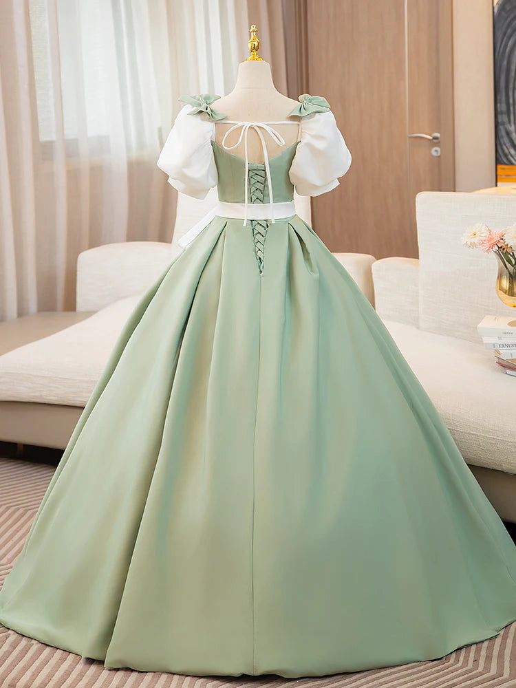 Ball Gown Quinceanera Dresses Princess Dress A-Line Puff Sleeves Satin Green Long Prom Dress, Green Sweet Dress