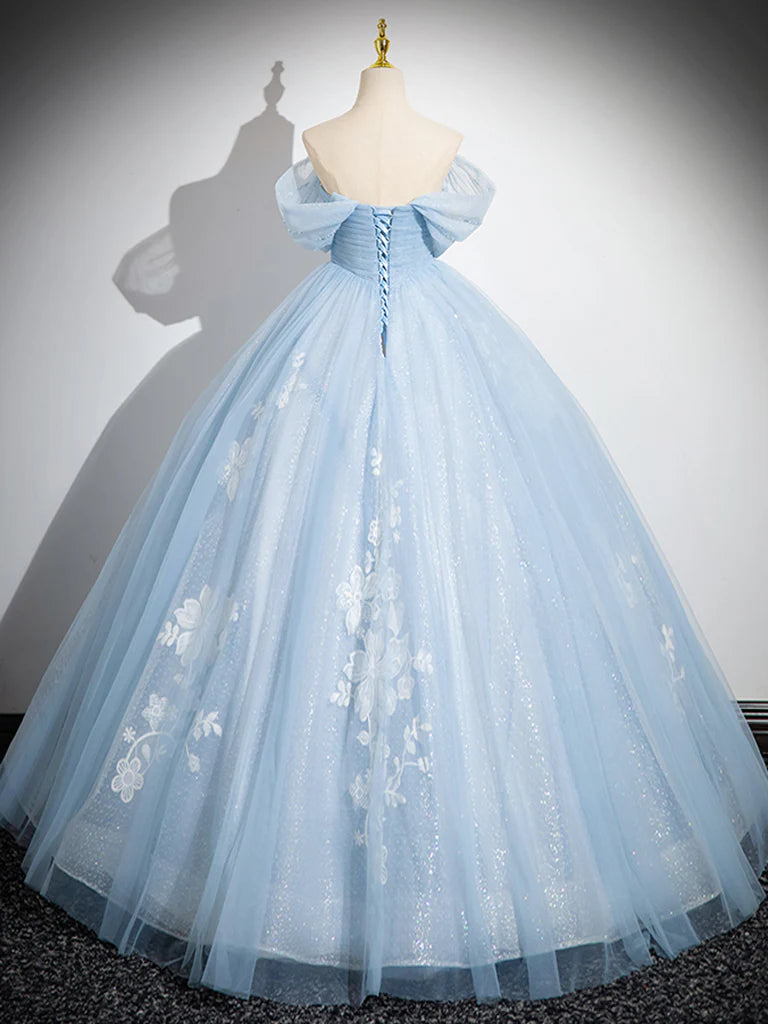 Ball Gown Quinceanera Dresses Princess Dress A-Line Off Shoulder Tulle Sequin Blue Long Prom Dress Blue Sweet 16 Dress