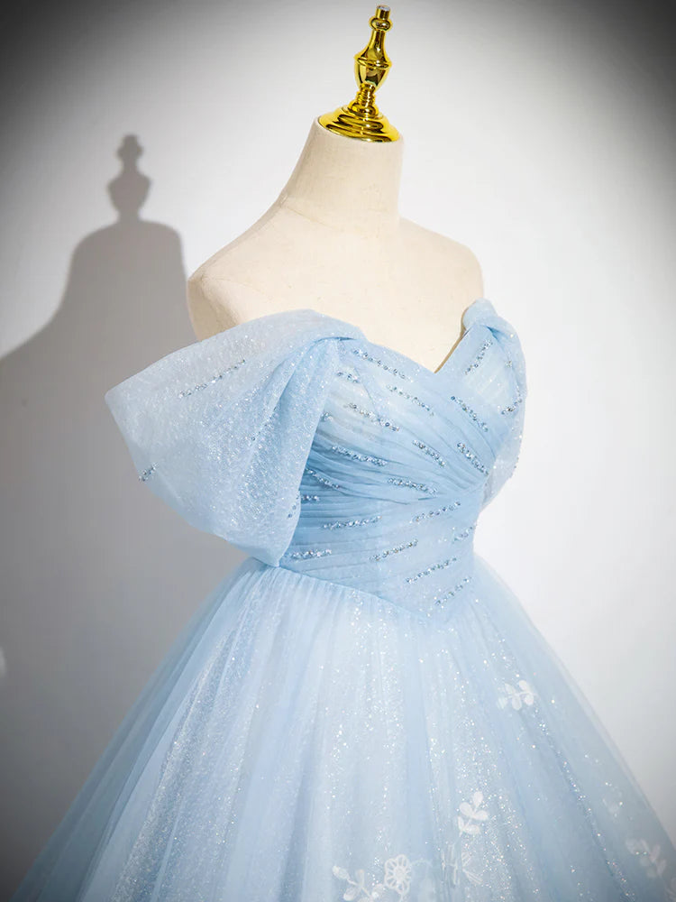 Ball Gown Quinceanera Dresses Princess Dress A-Line Off Shoulder Tulle Sequin Blue Long Prom Dress Blue Sweet 16 Dress