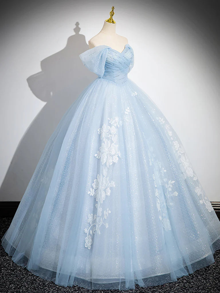 Ball Gown Quinceanera Dresses Princess Dress A-Line Off Shoulder Tulle Sequin Blue Long Prom Dress Blue Sweet 16 Dress