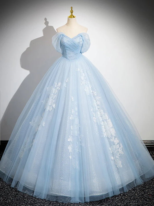 Ball Gown Quinceanera Dresses Princess Dress A-Line Off Shoulder Tulle Sequin Blue Long Prom Dress Blue Sweet 16 Dress