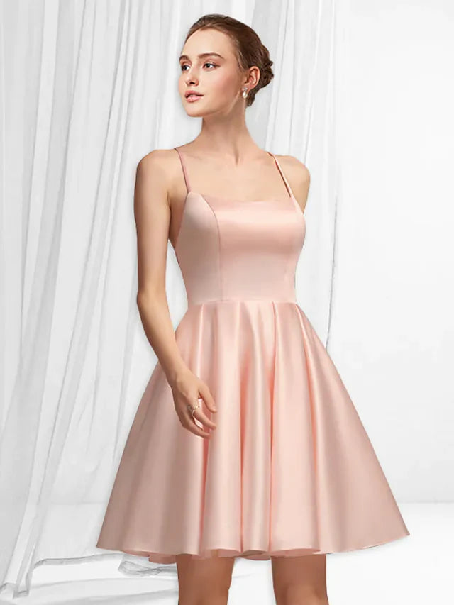 A-Line Minimalist Sexy Graduation Party Wear Dress Spaghetti Strap Sleeveless Short Mini Satin with Pleats