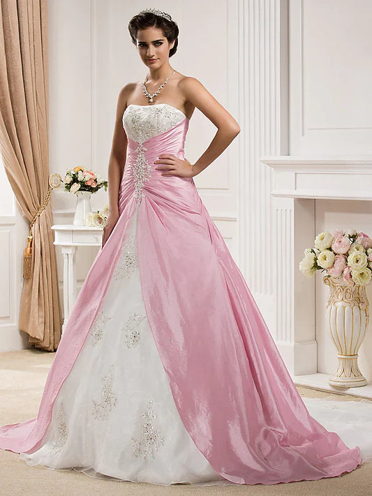 Ball Gown Wedding Dresses Strapless Chapel Train Organza Taffeta Strapless Wedding Dress in Color with Ruched Beading Appliques