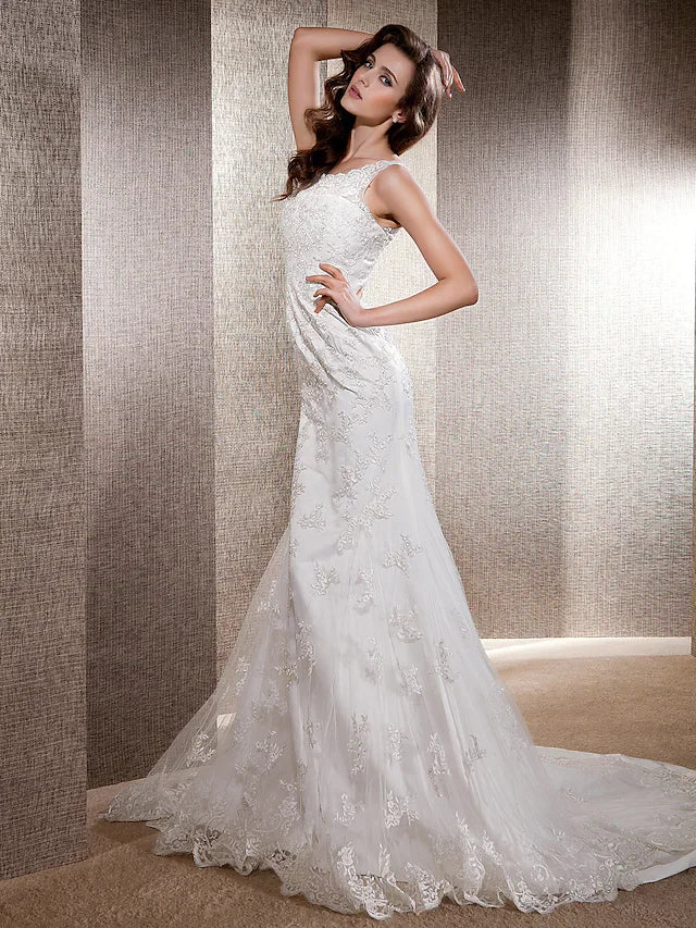 A-line Wedding Dresses Scoop Neck Lace Tulle Sleeveless Elegant & Luxurious with Appliques