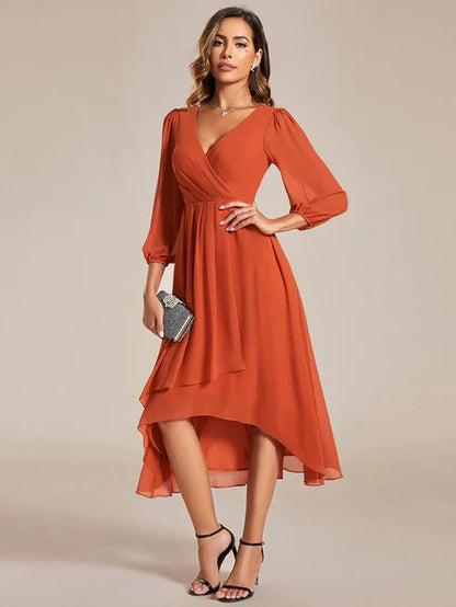 3/4 Sleeves Asymmetrical Hem A-Line Midi Wedding Guest Dress/Prom Dresses Party Dresses Wedding Guest Dresses