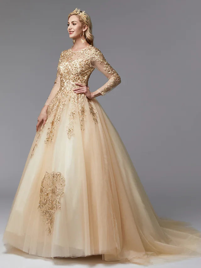 Ball Gown Wedding Dresses Jewel Neck Lace Tulle Long Sleeve Glamorous See-Through Backless Modern with Beading Appliques Gold Color