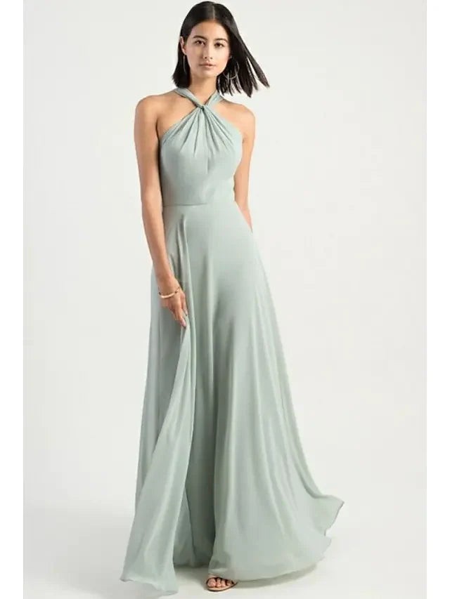 A-Line Halter Neck Floor Length Chiffon Bridesmaid Dress with Criss Cross