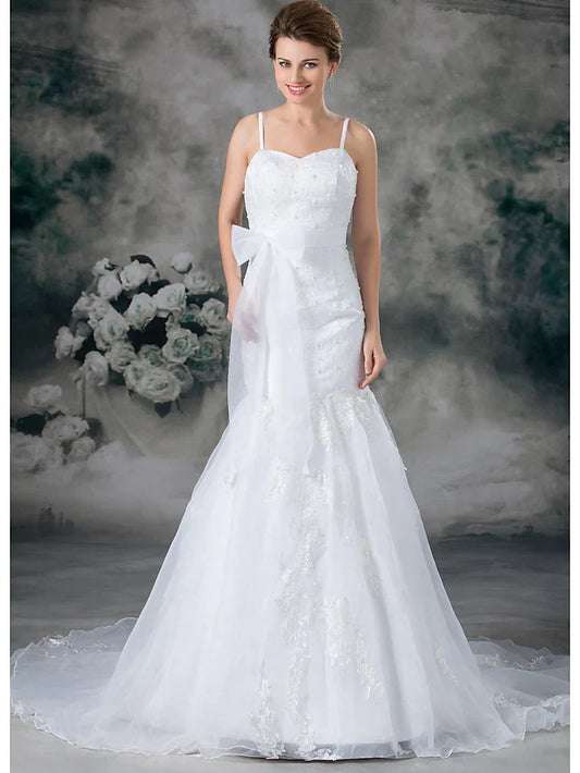 Wedding Dresses Sweetheart Neckline Chapel Train Lace Organza Satin Spaghetti Strap with Sashes Ribbons Bow(s) Beading