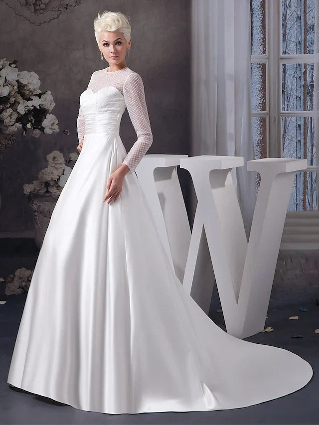 A-Line Wedding Dresses Jewel Neck Court Train Satin Tulle Length Sleeve Illusion Sleeve with Ruched