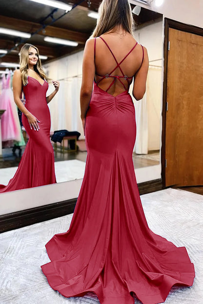 A Line V neck Mermaid Spaghetti Straps Long Prom Dress