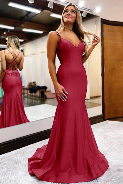 A Line V neck Mermaid Spaghetti Straps Long Prom Dress