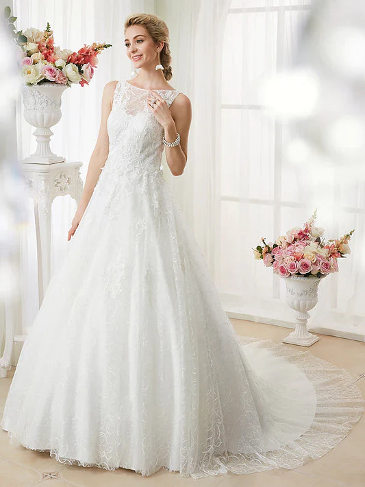 Ball Gown Wedding Dresses Bateau Neck Court Train Beaded Lace Regular Straps See-Through Beautiful Back with Beading Appliques