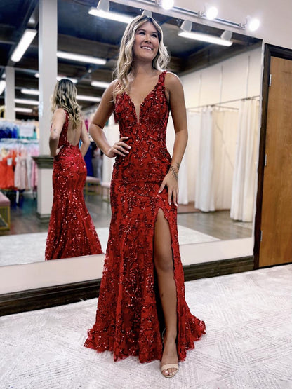 Low V Neck Glitter Sparking Hollow Out Sequin slit Prom Dress