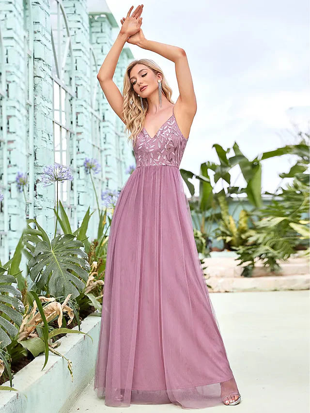 A-Line Spaghetti Strap Floor Length Tulle Sequined Bridesmaid Dress with Tier