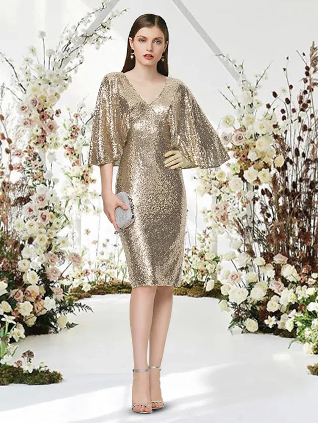 Sleek Glittering Sparkle  V Neck Half Sleeve Knee Length Sequined