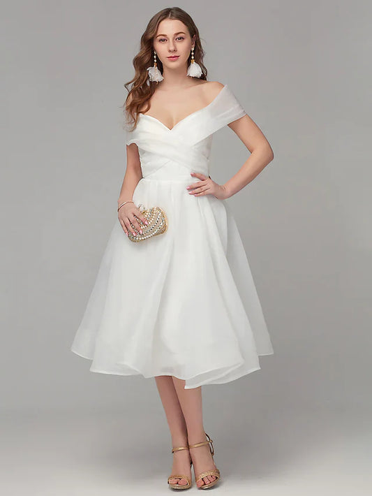 A-Line White Elegant Engagement Cocktail Party Dress Off Shoulder Sleeveless Tea Length Organza with Criss Cross Pleats