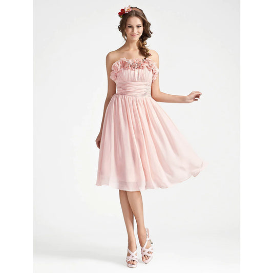 Ball Gown Dress Cocktail Party Knee Length Sleeveless Strapless Chiffon with Ruched Draping Flower