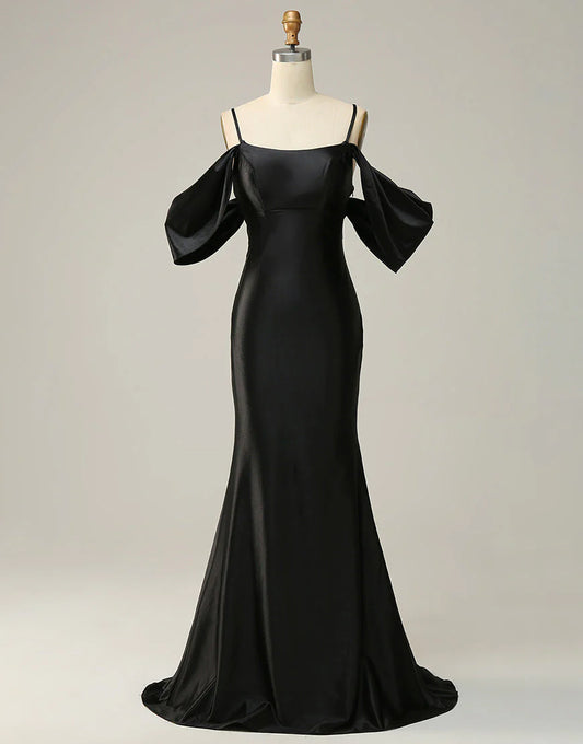 A Line Off The Shoulder Criss-Cross Back Long Satin Prom Dress