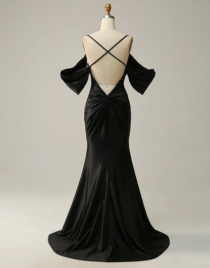 A Line Off The Shoulder Criss-Cross Back Long Satin Prom Dress