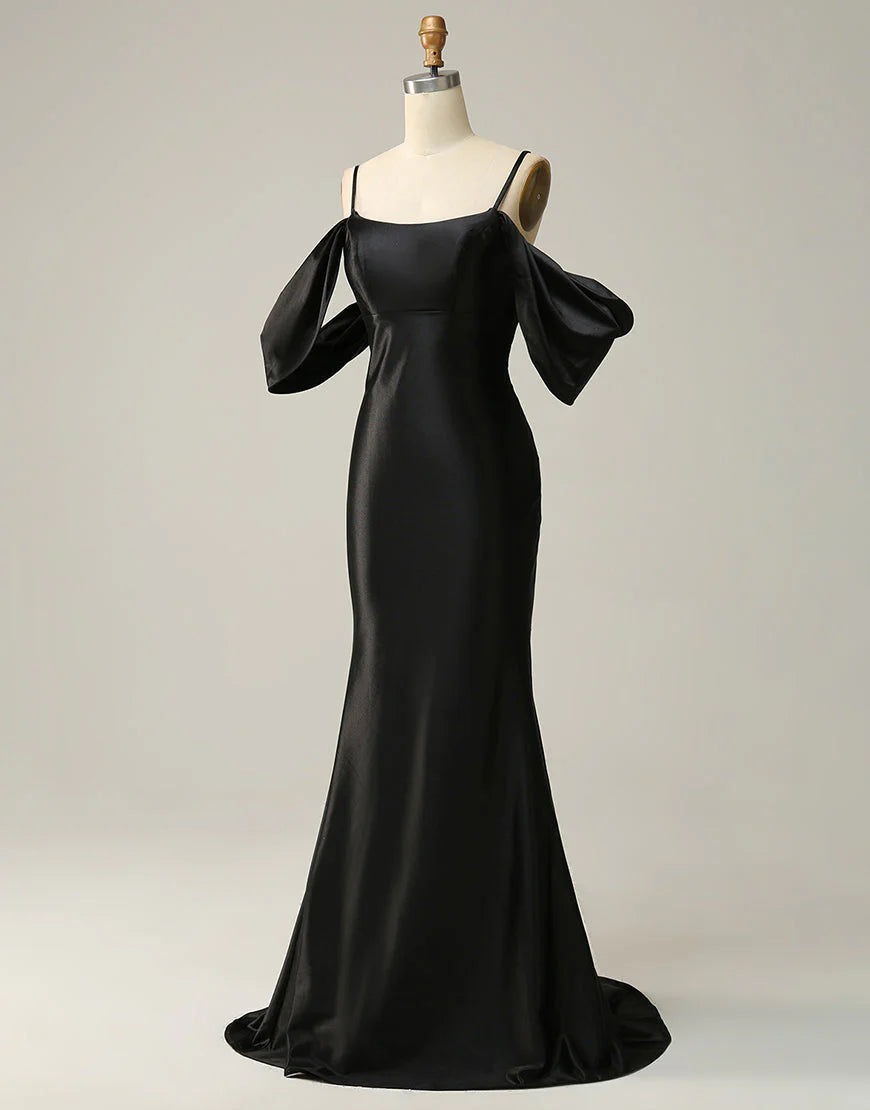 A Line Off The Shoulder Criss-Cross Back Long Satin Prom Dress