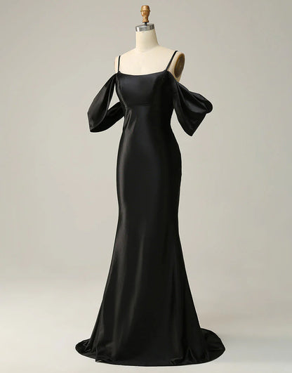 A Line Off The Shoulder Criss-Cross Back Long Satin Prom Dress